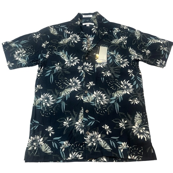 GEOFFREY BEENE Men's Floral Short Sleeve Silk Shirt - Black - Picture 1 of 6